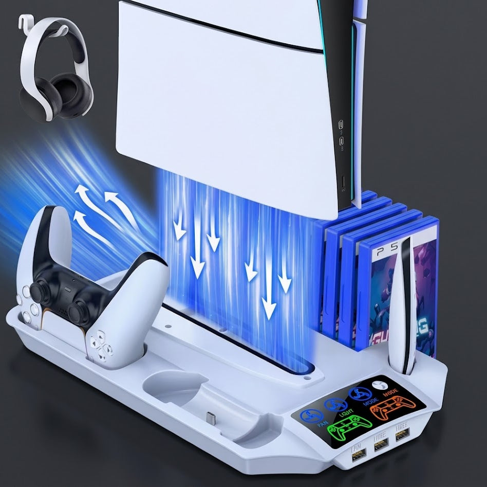 PS5 thermal dock demonstrating active fan ventilation cooling, DualSense charging bays, and game storage rack