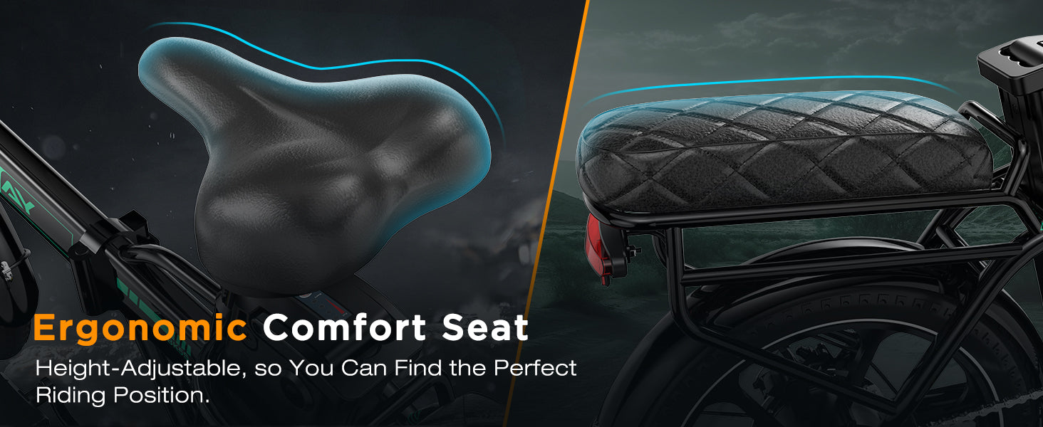 Ergonomic comfort seat for a HITWAY BK5SL Electric Bike with text highlighting its adjustable feature.