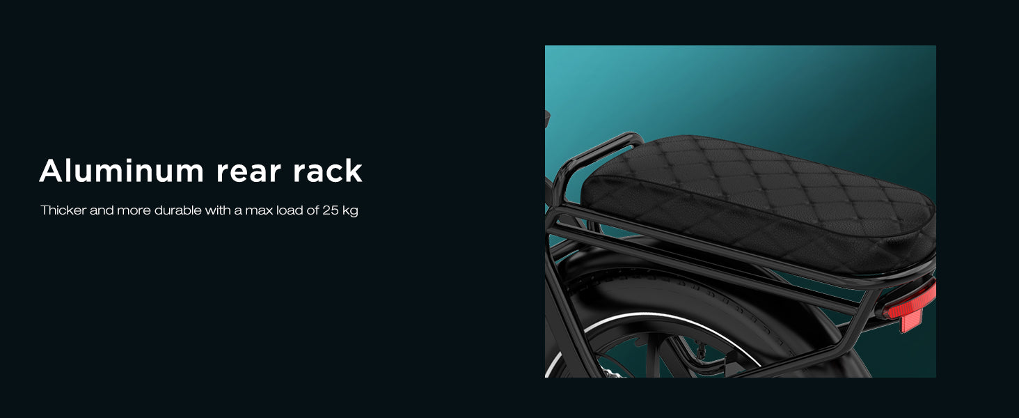 Black electric bicycle seat with aluminum rear rack on a teal background stating maximum load