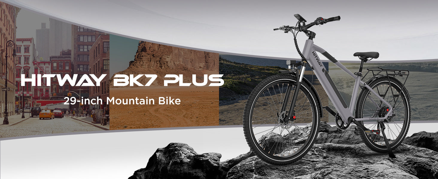 Hitway BK7 Plus 29-inch mountain bike on a rocky surface with a cityscape background.