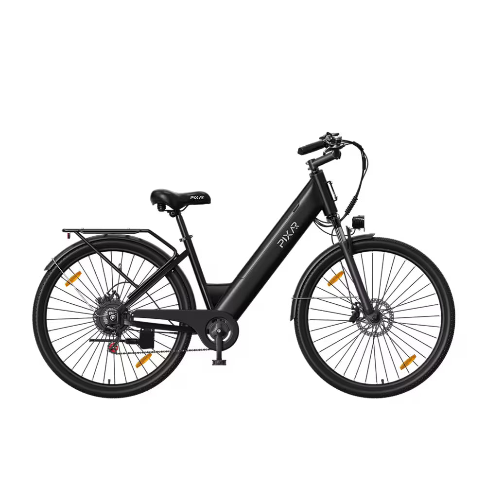 Side View of a Black PIXAR C1 Electric City E-Bike Black electric bicycle on a white background