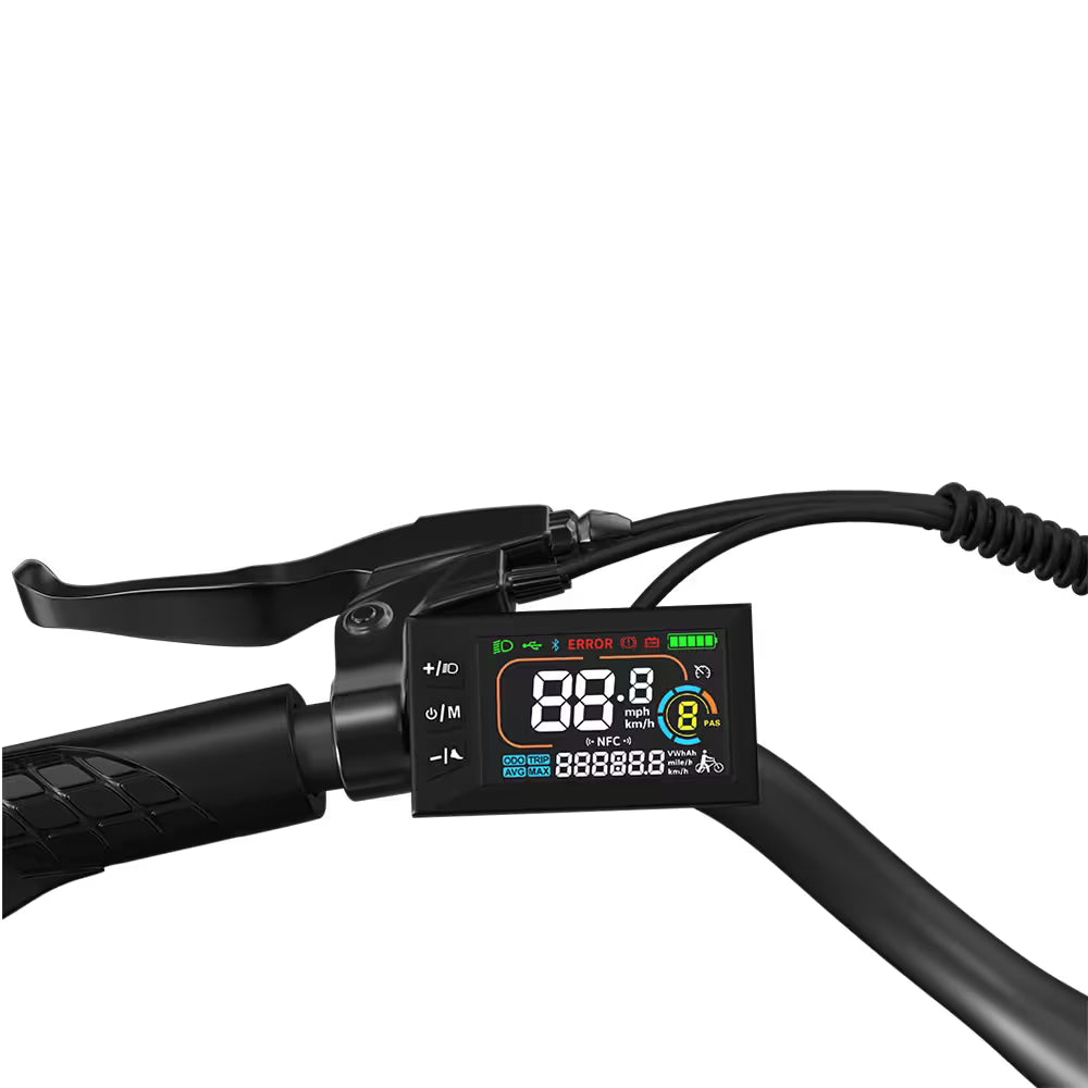 PIXAR C1 Electric City E-Bike Black electric bicycle on a white background Digital display on a bicycle handlebar with various indicators.