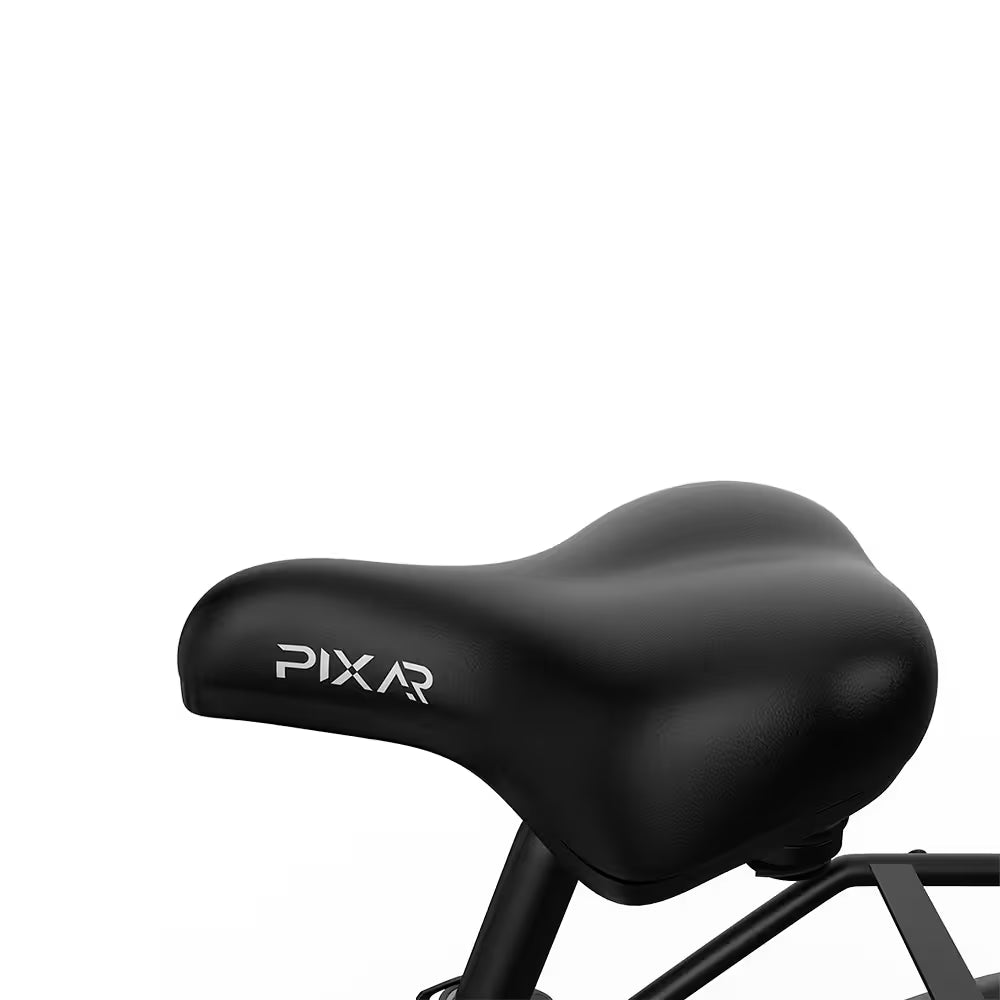 Black PIXAR C1 electric bicycle seat with 'PIXAR' branding on a white background