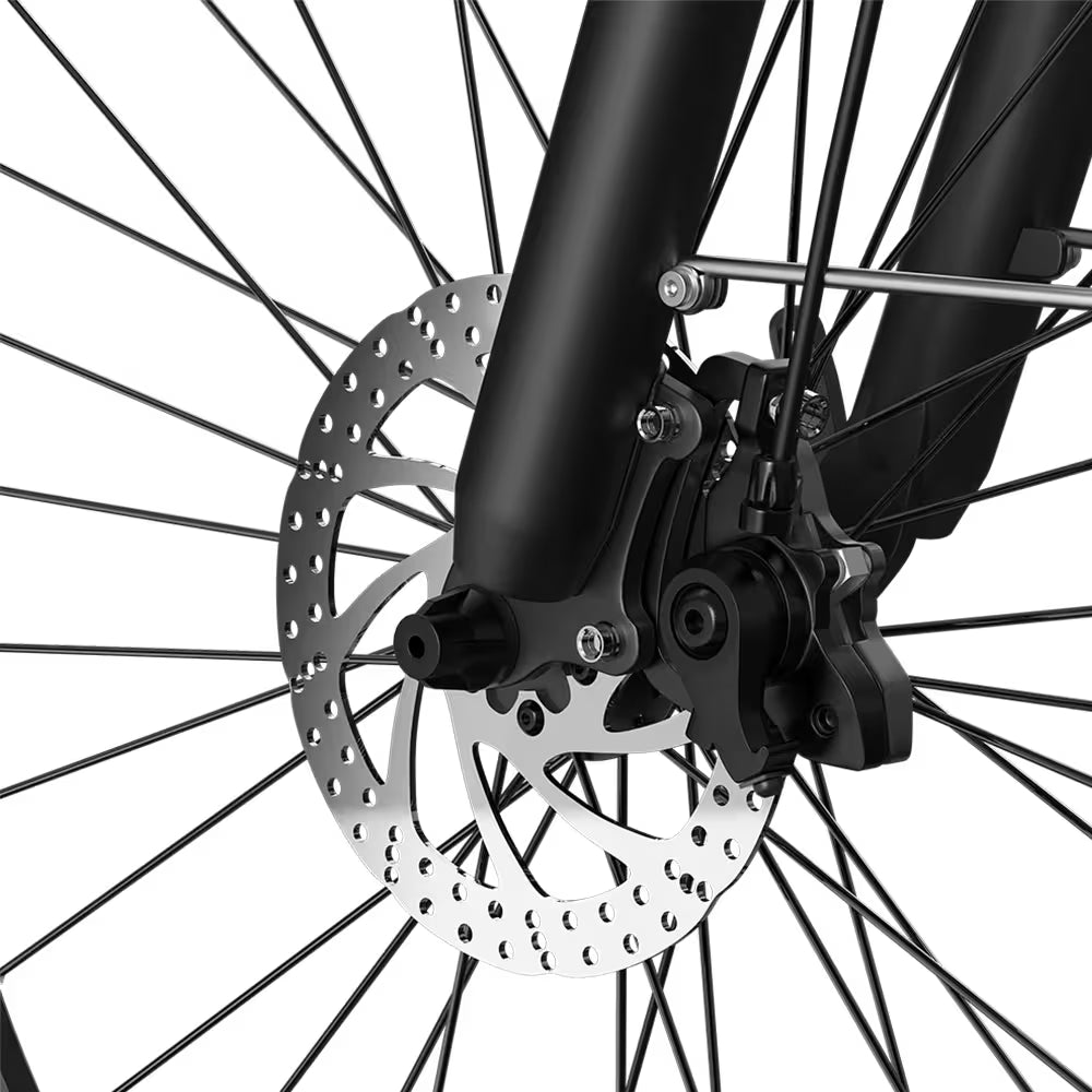 Close-up of  PIXAR C1 Electric City E-Bike Black electric bicycle on a white background cycle wheel with disc brake system on a white background