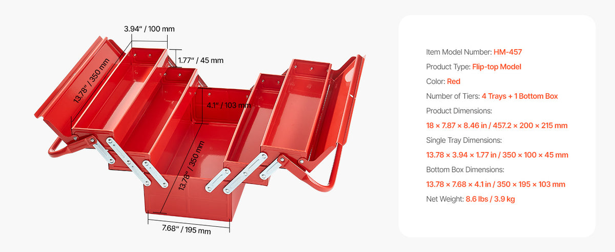 VEVOR 18 Inch 3 Tier Cantilever Tool Box Unfolded Diagram and Spec Summary
