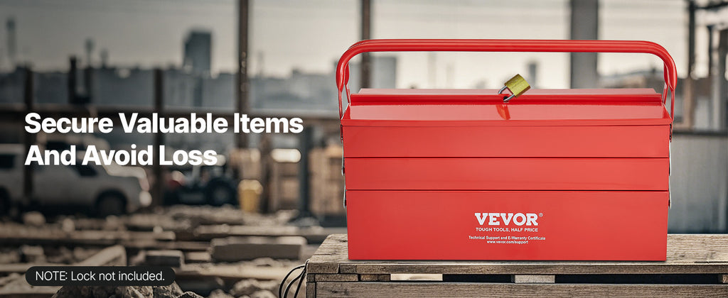 VEVOR Red Metal Tool Box Closed Front View Highlighting Lockable Latch