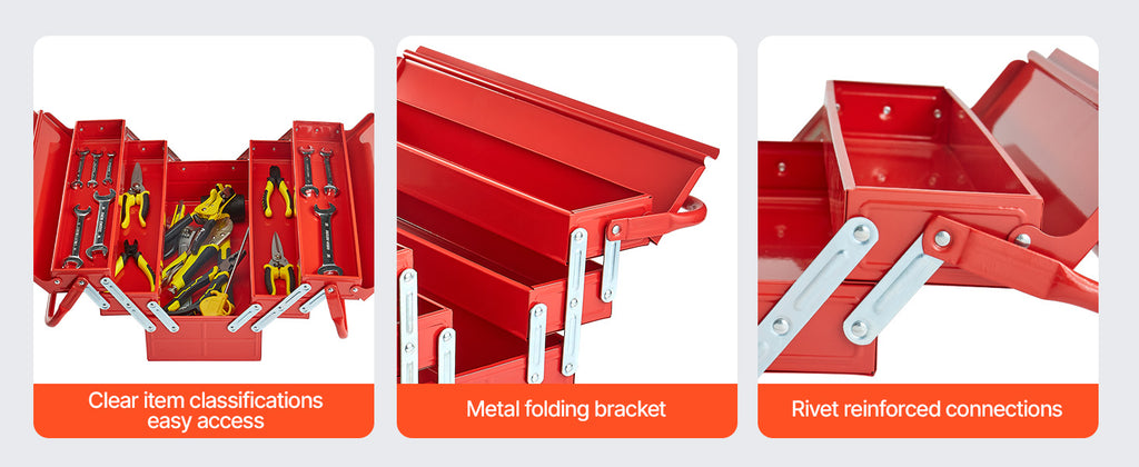 VEVOR Red Tool Box Easy Access, Metal Folding Bracket, and Reinforced Connectors Detail