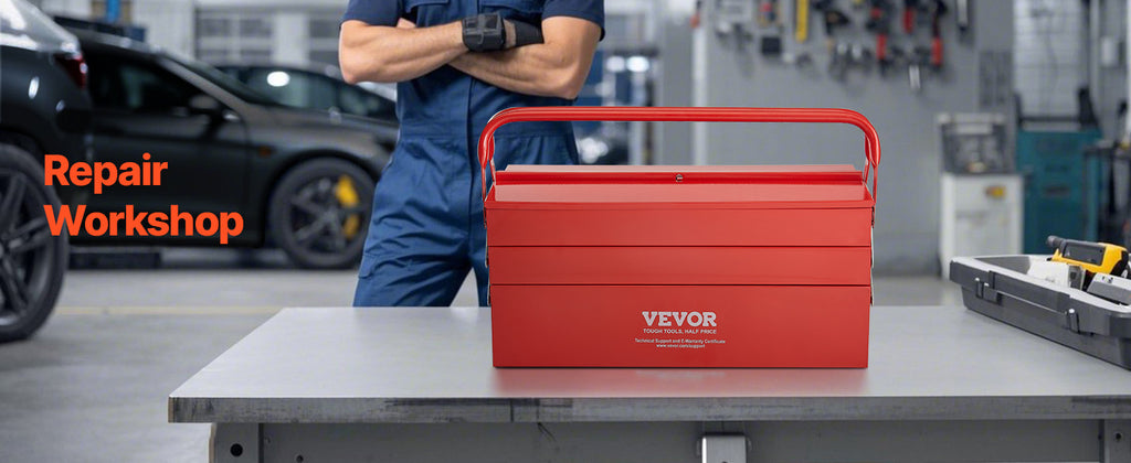 VEVOR Red Portable Metal Tool Box Resting on Workshop Repair Desk