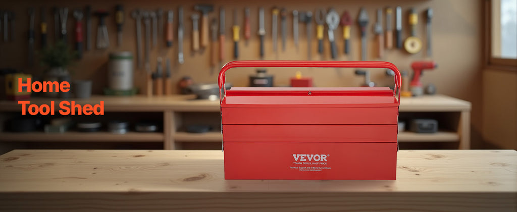 Red Steel VEVOR 3-Tier Tool Organizer Box Resting on Workshop Bench