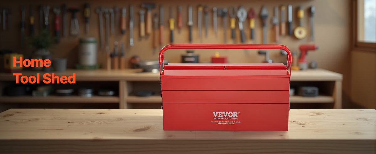 Red Steel VEVOR 3-Tier Tool Organizer Box Resting on Workshop Bench