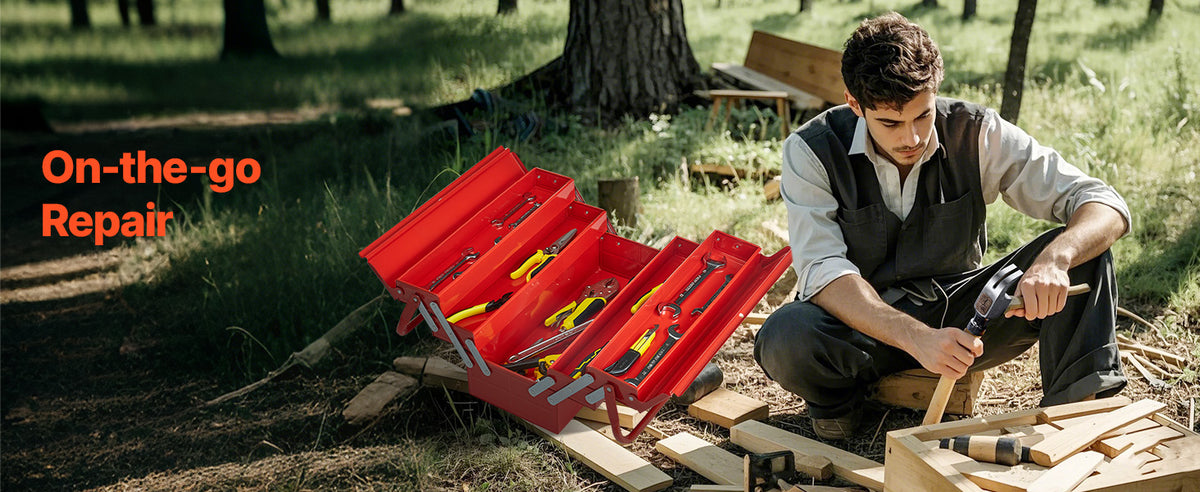 VEVOR 18 Inch Open Red Cantilever Metal Tool Box on Outdoor Woodworking Job Site