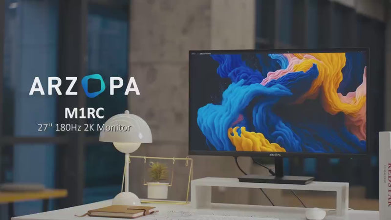Product demonstration video showing the ARZOPA M1RC 27 inch 180Hz 2K FastIPS PC gaming monitor in action, featuring fluid gameplay visuals, slim bezels, ergonomic tilt adjustment, and VESA wall mounting compatibility.