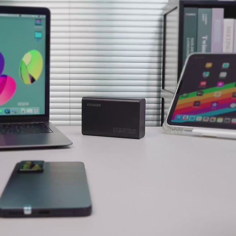 Essager 20000mAh 65W PD Fast Charge Power Bank product video showing laptop and phone charging capabilities.