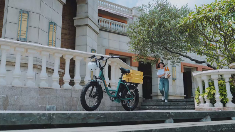 E20 electric bike video showing 250W rear‑hub motor power, 48V 13Ah long‑range battery performance, compact 20" frame agility, and smooth pedal‑assist riding for daily commuting and urban travel.