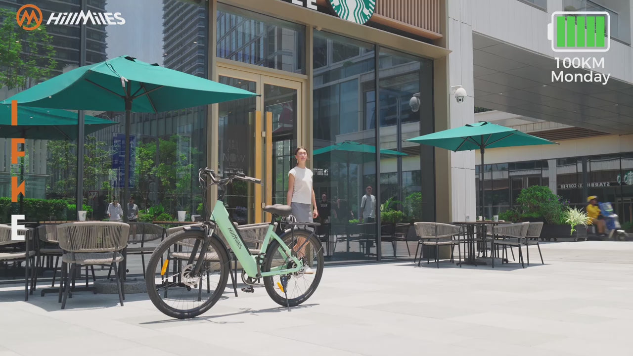 HillMiles MileCity 1 electric bike video showing 250W motor performance, 36V 13Ah battery range, 26" city‑tyre stability, front suspension comfort, and smooth everyday commuting through town and urban roads.