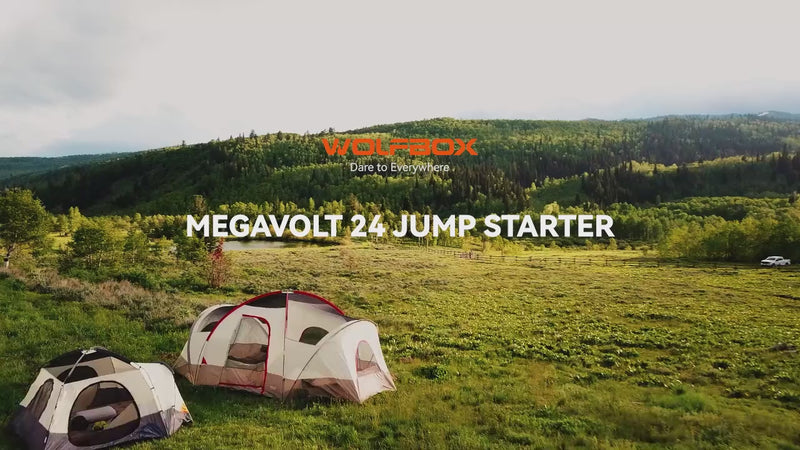 WOLFBOX JS24 4000A jump starter video showing powerful 4000A peak current, fast engine starts, smart safety protection, 24000mAh power bank capability, and an ultra‑bright LED torch for reliable roadside support in all weather conditions.