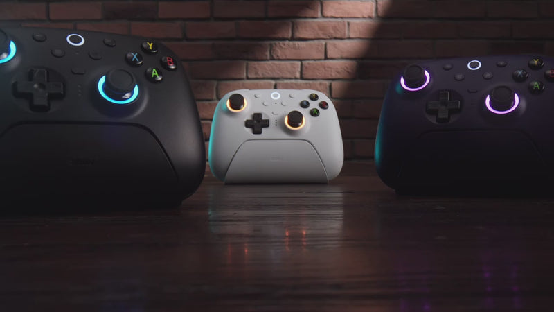 8BitDo promotional video highlight reel showing the 8BitDo Ultimate 2 Wireless Controller in multiple colorways, gameplay action shots, lighting modes, and versatile playability setups across various platforms.