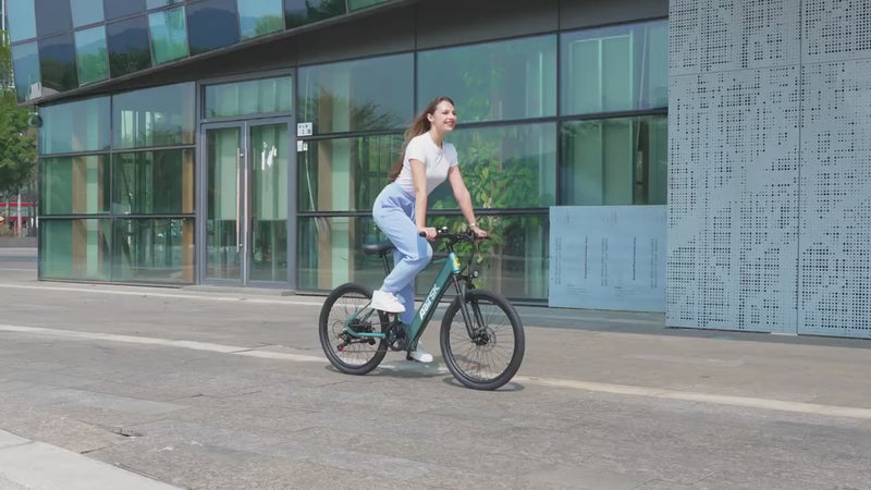 Aairsk GT300 electric bike video showing 250W motor performance, 36V 10Ah battery range, 26" fat‑tyre stability, front suspension comfort, and smooth riding across city streets and light off‑road terrain.