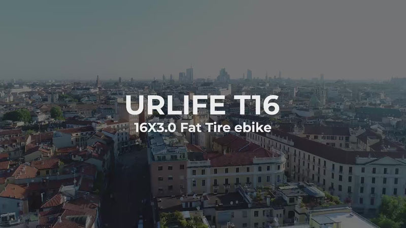 Video demonstrating the Urlife T16 electric fat bike in Stealth Black, highlighting the 16x3.0 inch tyres, integrated under-seat lockbox, and front and rear dual suspension.