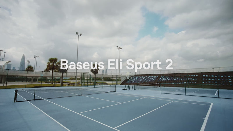 Baseus Eli Sport 2 Open-Ear Wireless Earphones featuring ρ-shaped bionic earhooks and IP57 sweatproof fit during cycling, tennis, and running workouts