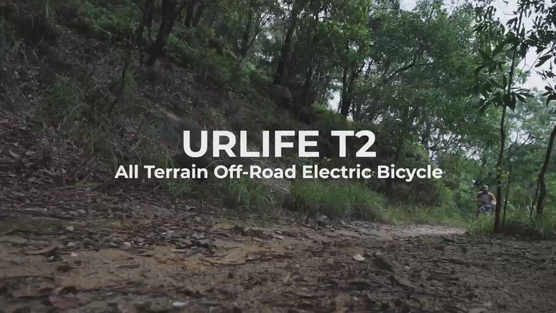 Urlife T2 full‑suspension fat‑tyre electric bike shown riding outdoors with close‑ups of frame, battery and display.