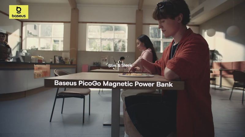Baseus Thin 5000mAh Magnetic Power Bank video showing 0.3-inch slim design, N52 snap, 20W PD fast charge & daily carry.
