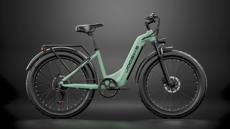 360 degree video of the JOOBIKE JOO1 1000w 48v17.5ah fat tyre electric mountain bike rotating on a turntable showing full frame details motor battery tyres suspension brakes and components for off road e-bike performance