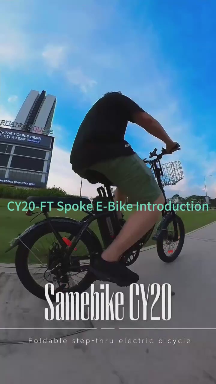A man showing close‑up views of the bike’s components and riding the 20‑inch electric bike around a suburban neighbourhood.