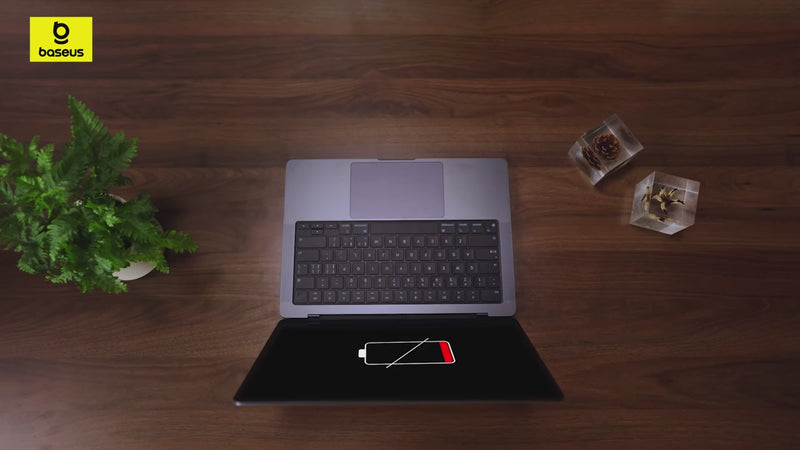 Product demonstration video showing the Baseus EnerGeek GP12 145W 20800mAh power bank fast-charging a laptop and multiple devices.