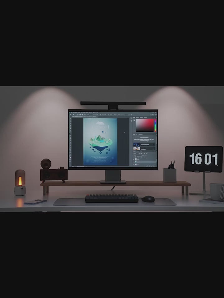 Baseus magnetic screen light video showing soft, flicker‑free LED illumination, adjustable brightness and colour temperature, USB power convenience, and a slim, modern design that mounts cleanly on top of any monitor for comfortable, eye‑friendly workspace lighting.