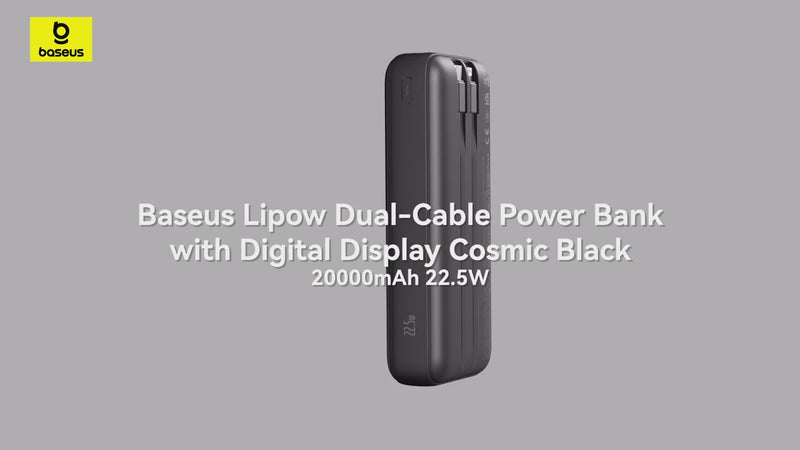 Product demonstration video of the Baseus 20000mAh 22.5W fast charging power bank, highlighting its digital display, built-in USB-C and Lightning cables, and compact design.