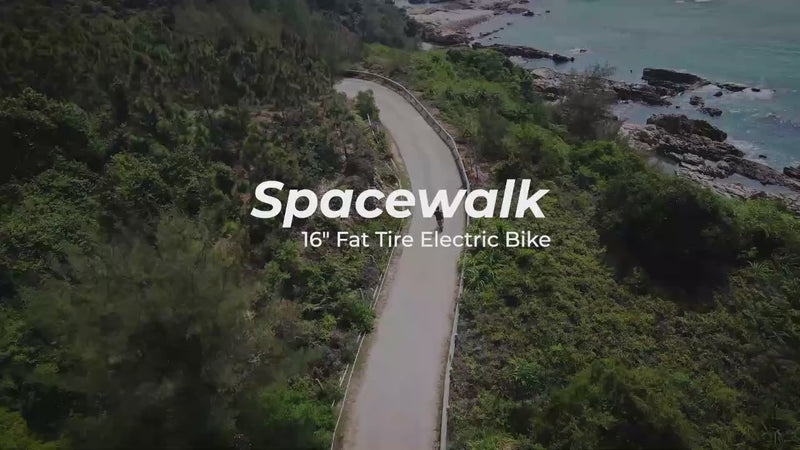 Spacewalk Electric bike riding through beach paths and mountainous terrain, showing the 20 inch fat tyres, suspension movement and key features during real‑world off‑road use.