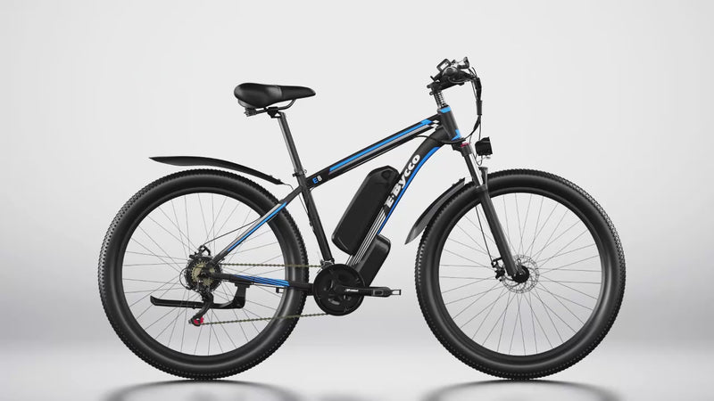 Video showing the E‑BYCCO E8 750W electric mountain bike with 29 inch tyres, front suspension and digital display, demonstrating the frame design, motor placement and overall build quality.