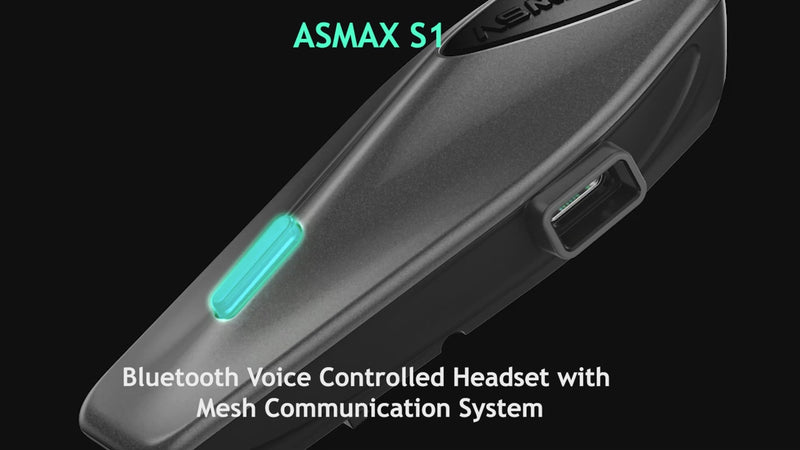 Product demonstration video showing the ASMAX S1 Bluetooth Motorcycle Intercom mounted on a helmet, highlighting 8-rider mesh communication and IPX7 waterproofing.