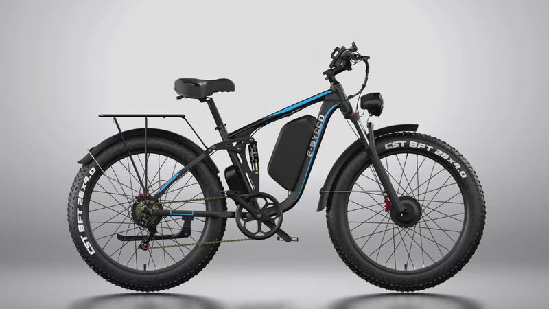 Electric bike rotating on a white turntable, showing full 360 degree views of the e-bike and different angles of the frame, tyres and components. 