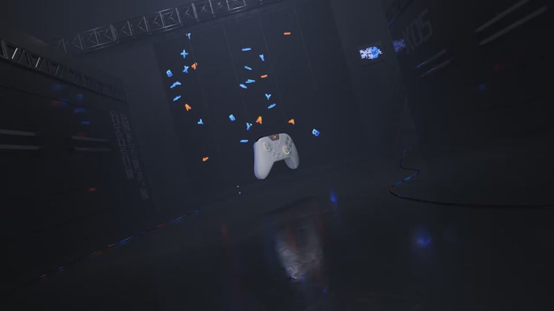 White wireless controller rotating in showcase video with RGB lighting, Hall‑Effect triggers and textured grips.