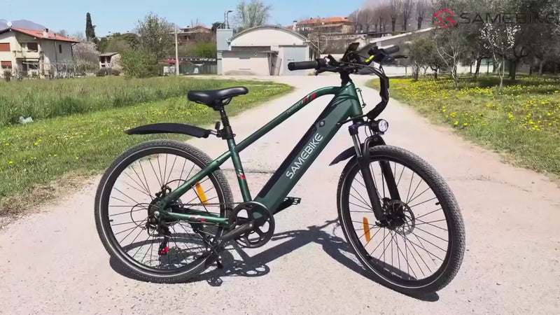 Video showing the SAMEBIKE RS‑A01 MEN 500W electric bike being unboxed, assembled, viewed from multiple angles and ridden to demonstrate its design and performance