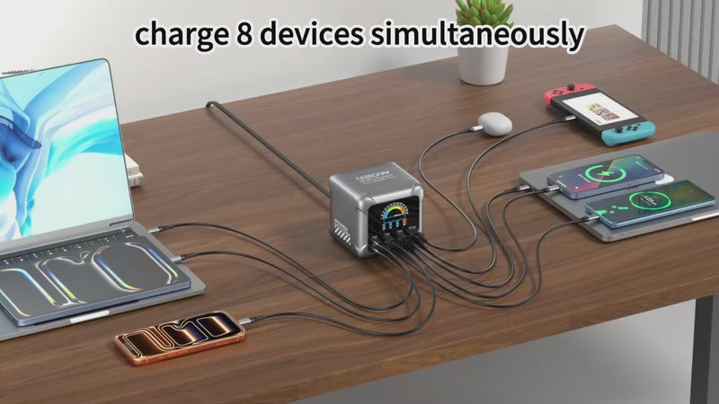 Video showing the Ubigbuy 420W GaN Fast Charging Station powering eight devices simultaneously with a digital display and multiple USB C and USB A ports demonstrating fast multi device charging for laptops phones tablets and accessories.