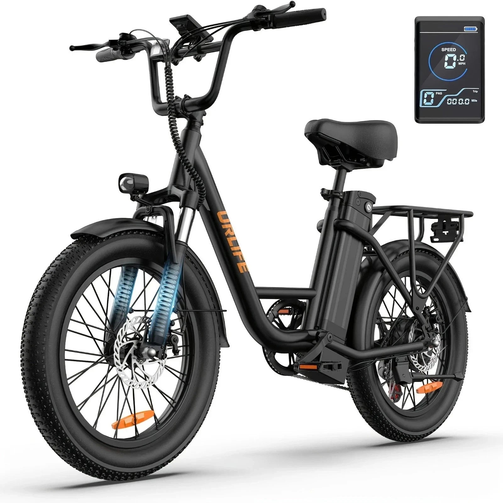 Black electric bike with digital display on a white background