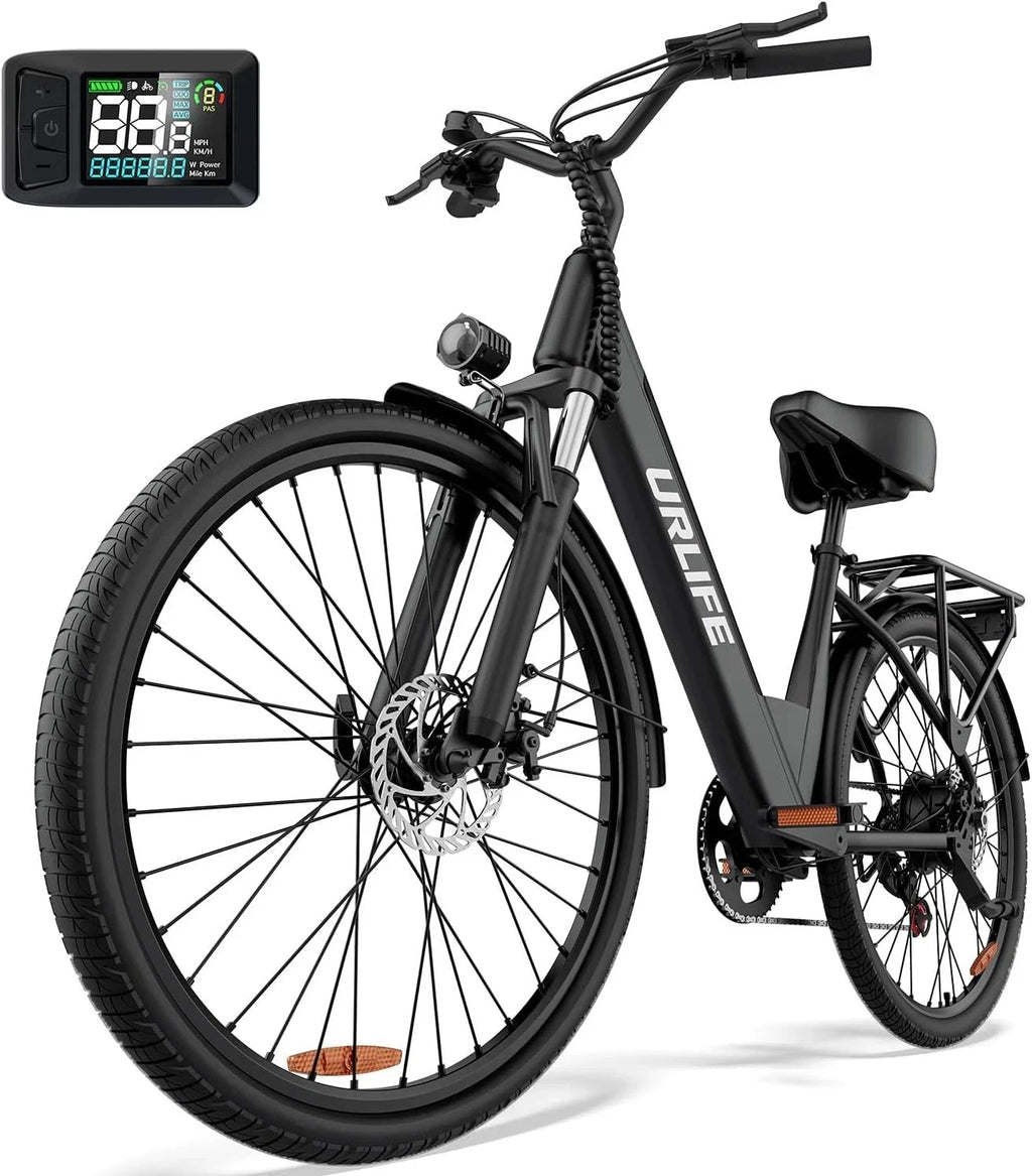 Black electric bike with digital display on a white background