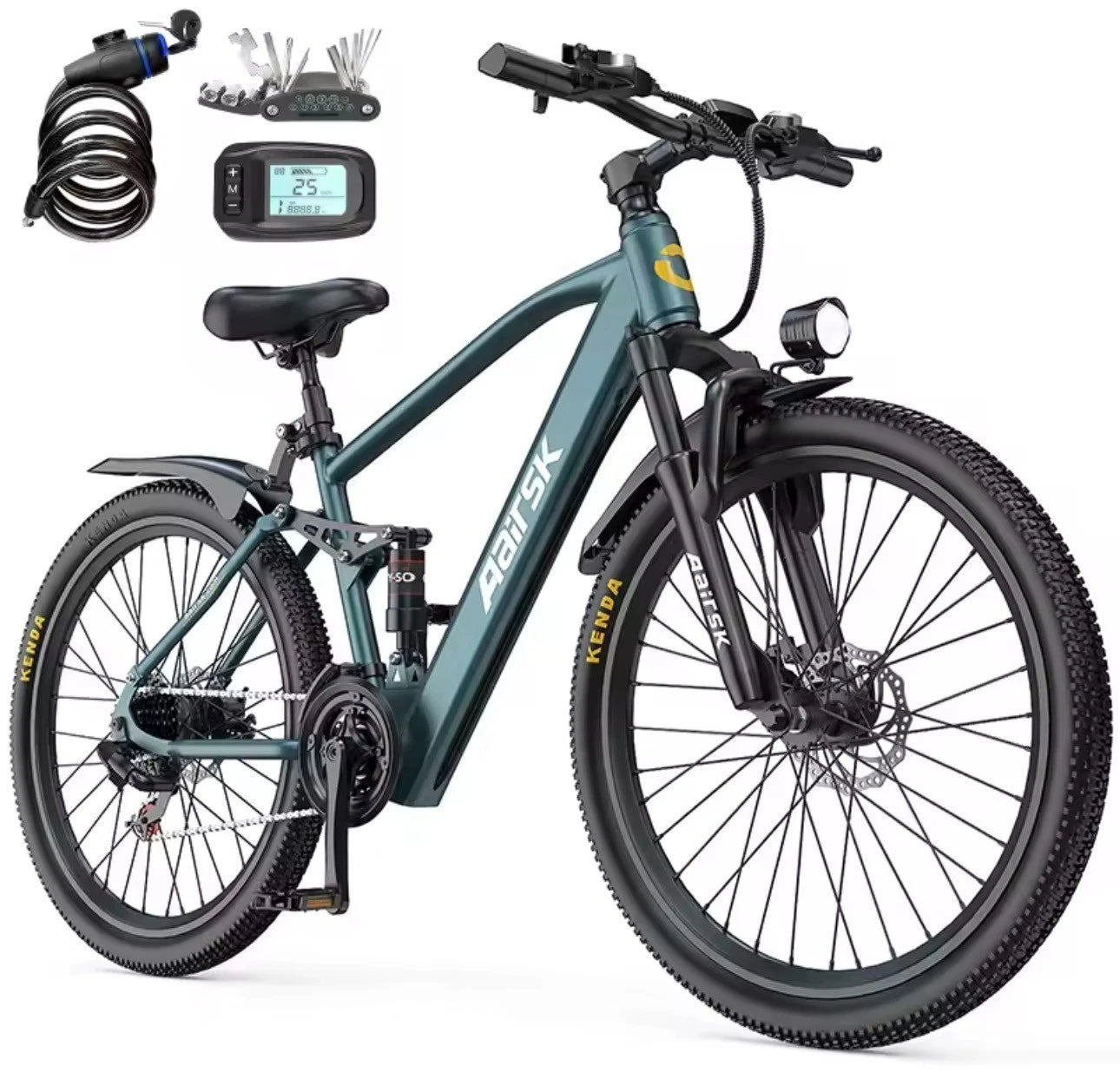 Blue Electric bike with accessories on a white background