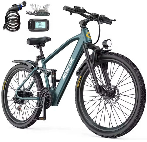 Blue Electric bike with accessories on a white background