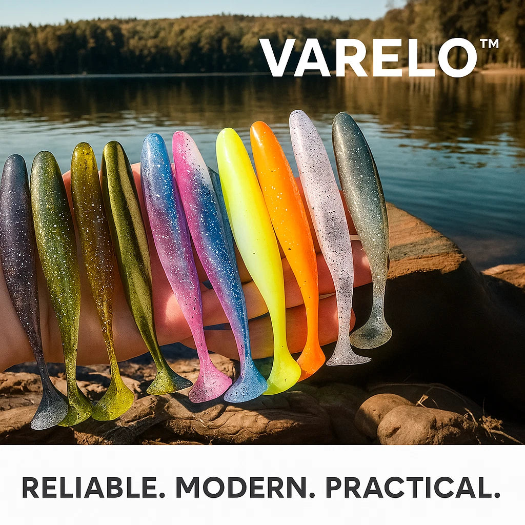 Colorful fishing lures on a wooden platform with a lake and forest background, featuring the Varelo brand.