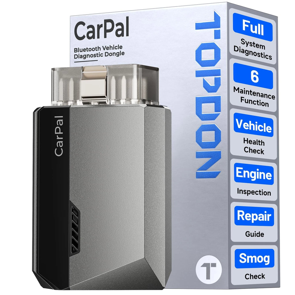 TOPDON CarPal-1 OBD2 diagnostic dongle and retail packaging in obsidian graphite