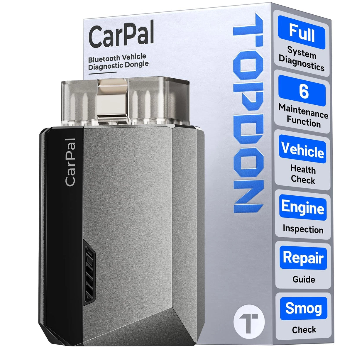 TOPDON CarPal-1 OBD2 diagnostic dongle and retail packaging in obsidian graphite