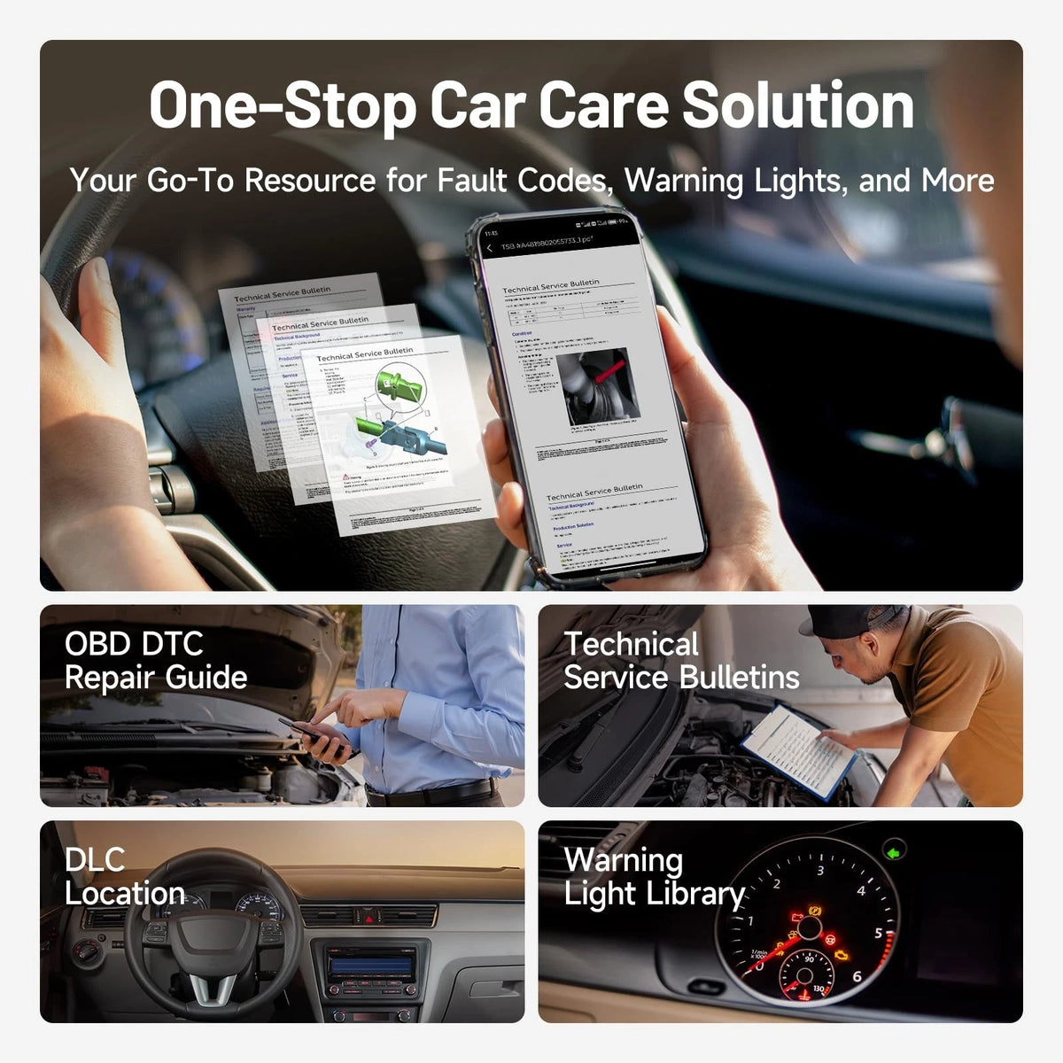 Complete vehicle car care solution covering warning lights and error codes