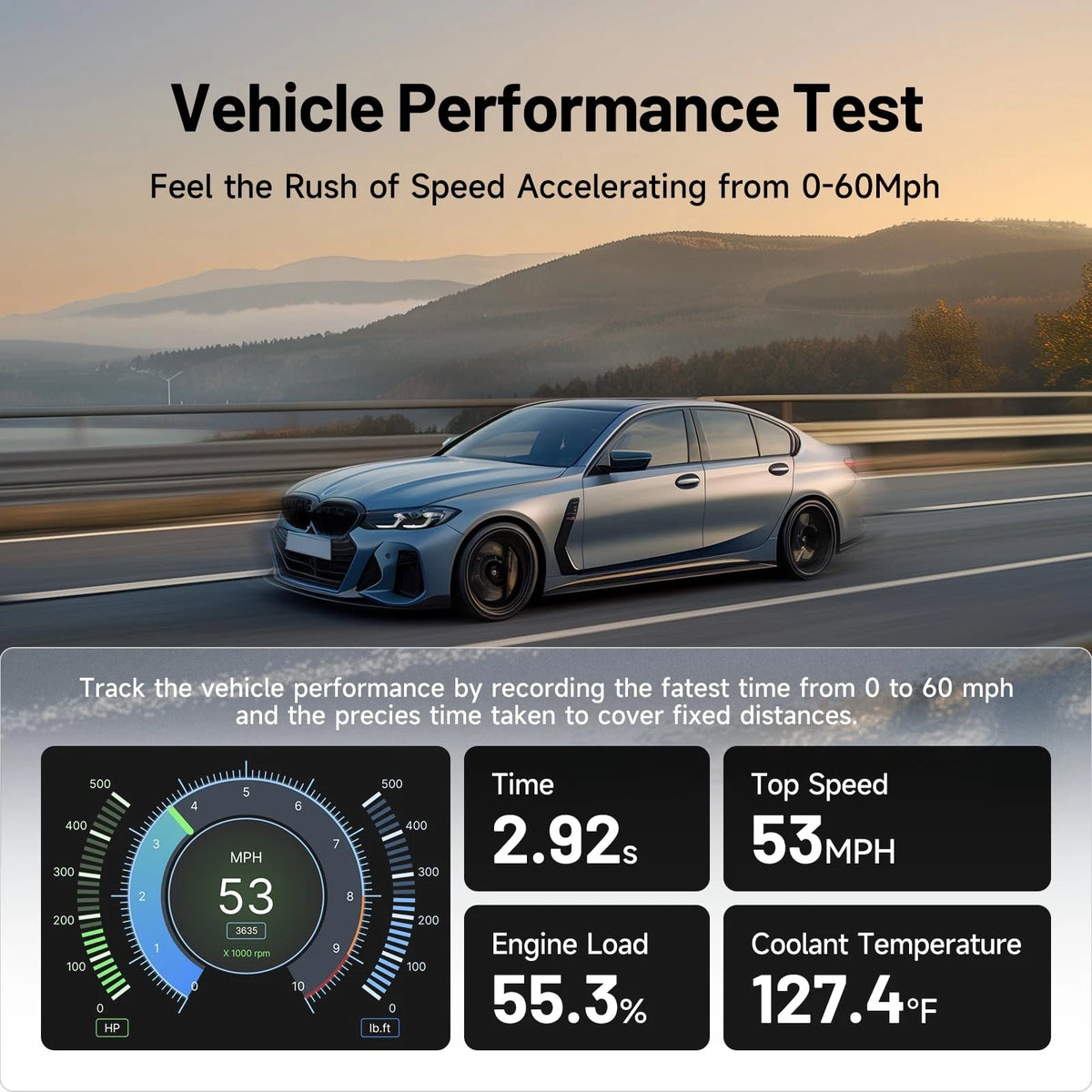 Real-time vehicle performance testing and accelerometer data display on smartphone