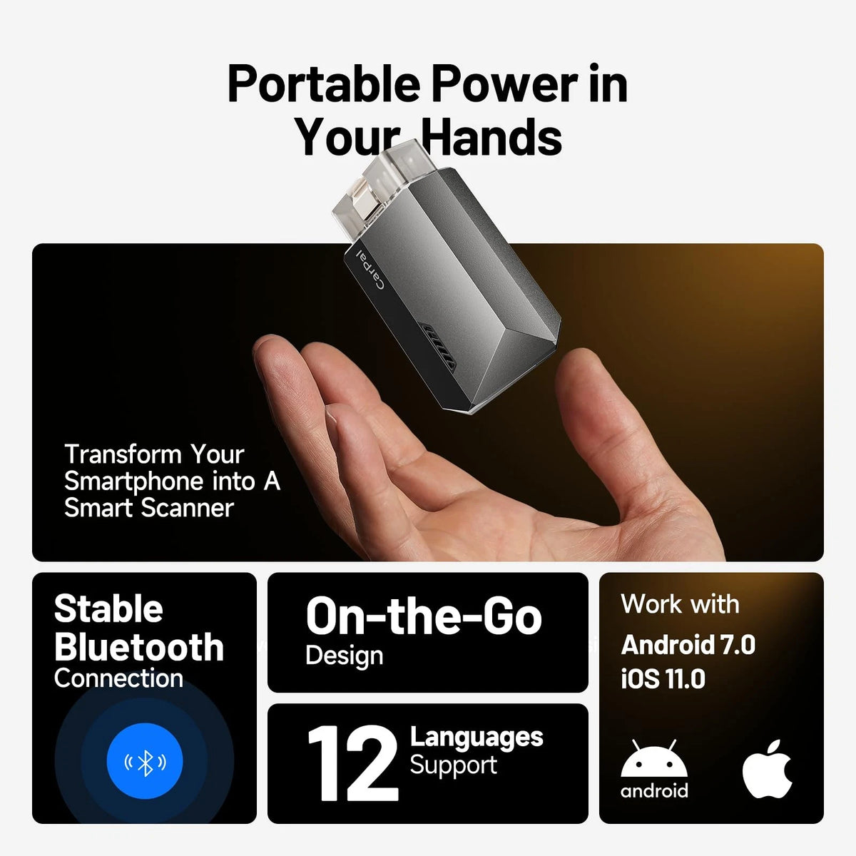 Compact, pocket-sized TOPDON CarPal-1 OBD2 adapter held in hand
