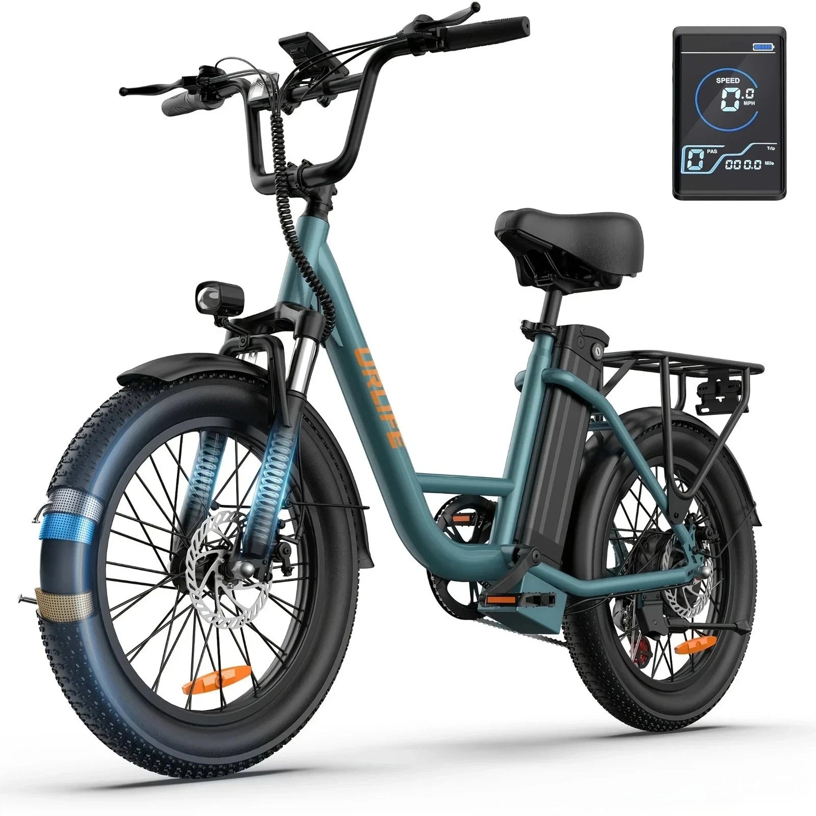 Green electric bike with digital display on a white background