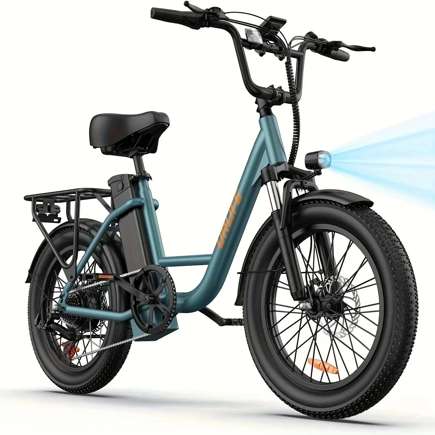 Green electric bike with black seat and tires on a white background